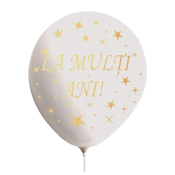 Set 10 Baloane din Latex, Flippy, Model Party, La Multi Ani, 23 cm, 2.2 g, Alb