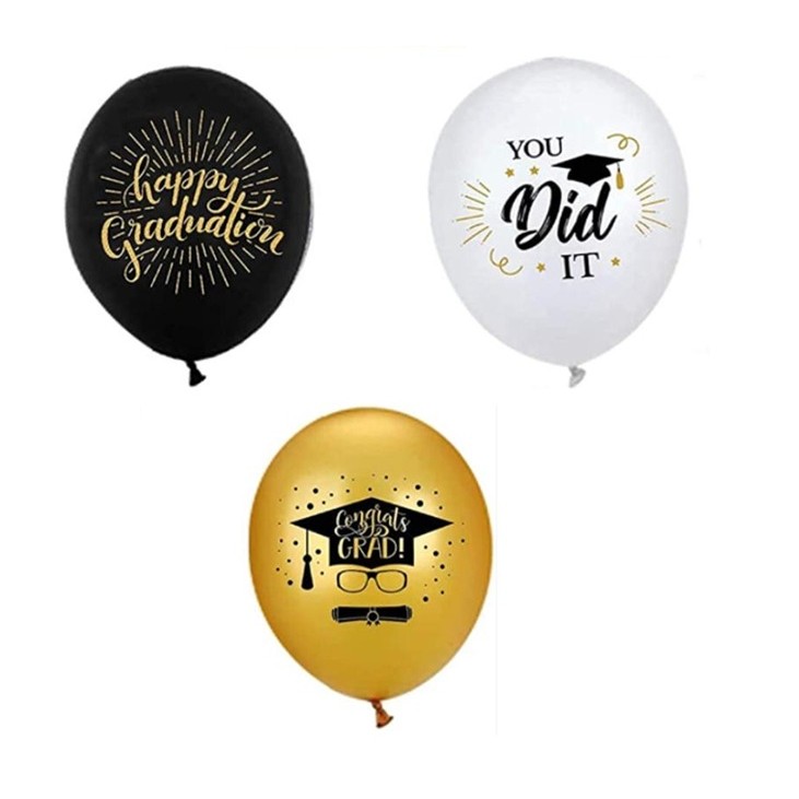 Set 10 Baloane din Latex Metalizate, Flippy, Model Absolvire, Negru Auriu Alb, 23 cm, 1.4 g