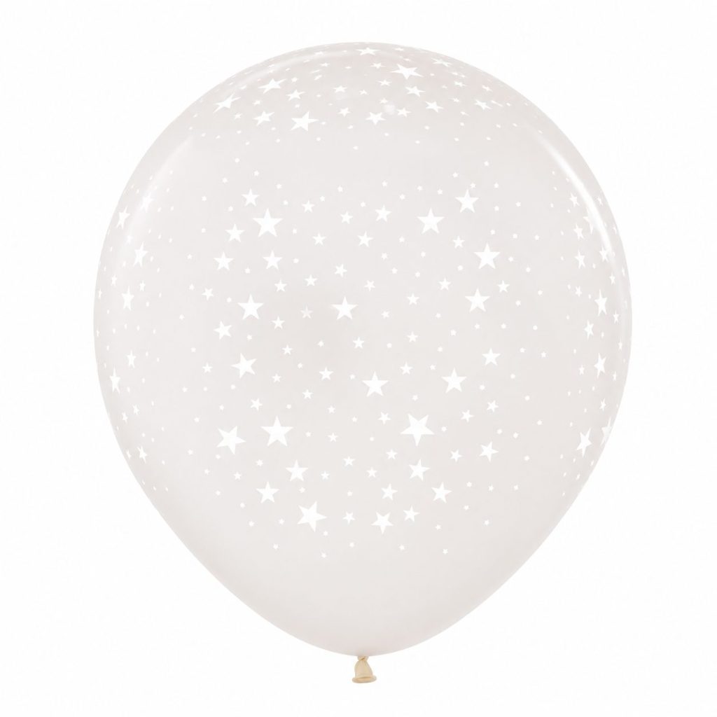 Set 10 Baloane din Latex Transparente, Flippy, Model Party, 30 cm, Stelute Albe, 2.8 g, Transparent