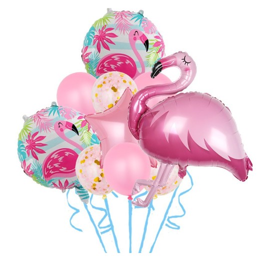 Set Baloane party aniversare, Flippy, din Folie de aluminiu si Latex, set din 10 baloane Flamigo Party, 1 stea, 5 baloane latex, 2 rotunde, 60 -90 cm, Rose