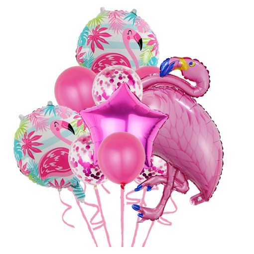 Set Baloane party aniversare, Flippy, din Folie de aluminiu si Latex, set din 10 baloane Flamigo Party, 1 stea, 5 baloane latex, 2 rotunde, 60 -90 cm, Roz