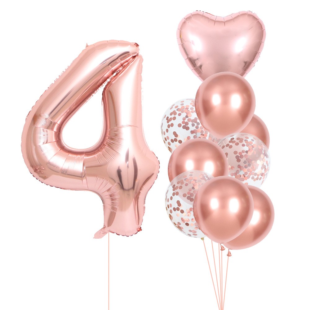 Set 10 Baloane Folie si Latex, Flippy, Tematica Aniversare, Baloane Latex 25cm, Figurina Inimioara 45 cm, Cifra 4 de 81 cm, Ambalaj Individual, Pai Inclus, Umflare cu Aer sau Heliu, Roz Pal