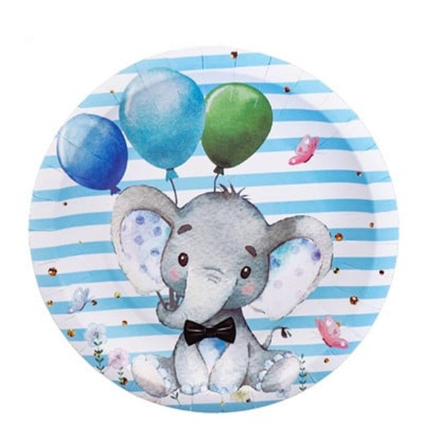 Set 10 Farfurii Unica Folosinta, Flippy, Imprimeu Elefant, din Carton, 17 cm, Albastru