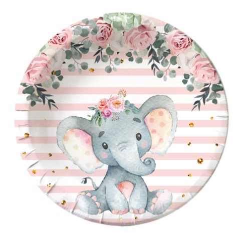 Set 10 Farfurii Unica Folosinta, Flippy, Imprimeu Elefant, din Carton, 22 cm, Roz