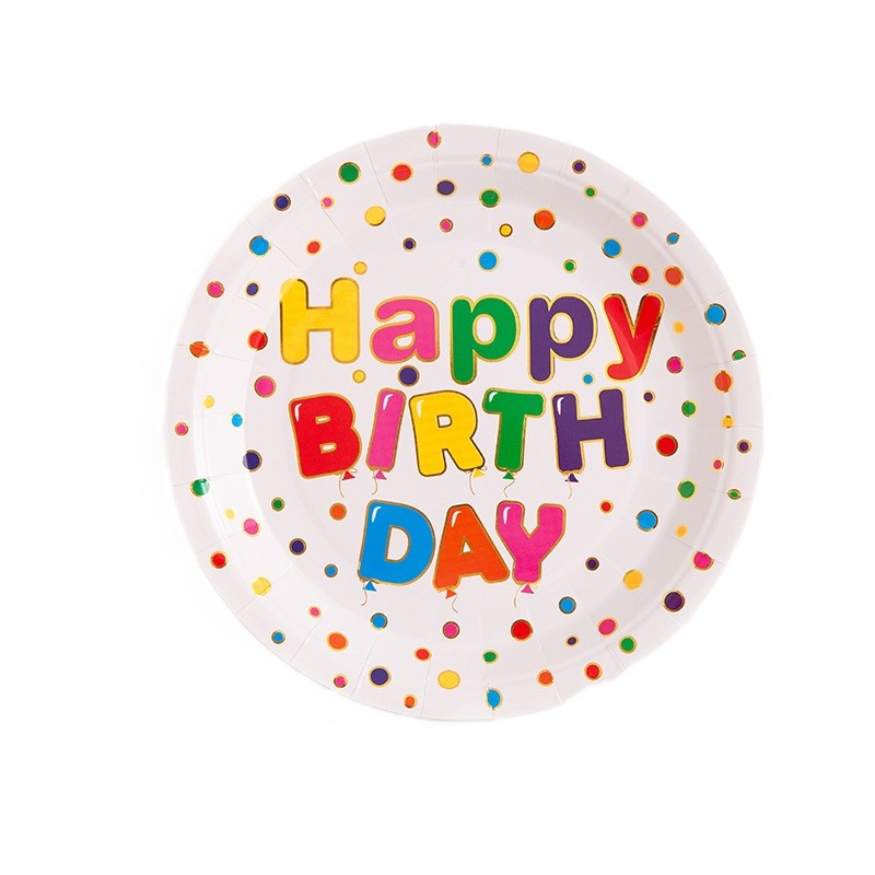 Set 10 Farfurii Unica Folosinta, Flippy, Imprimeu Happy Birthday, din Carton, Diametru 18 cm, Multicolor