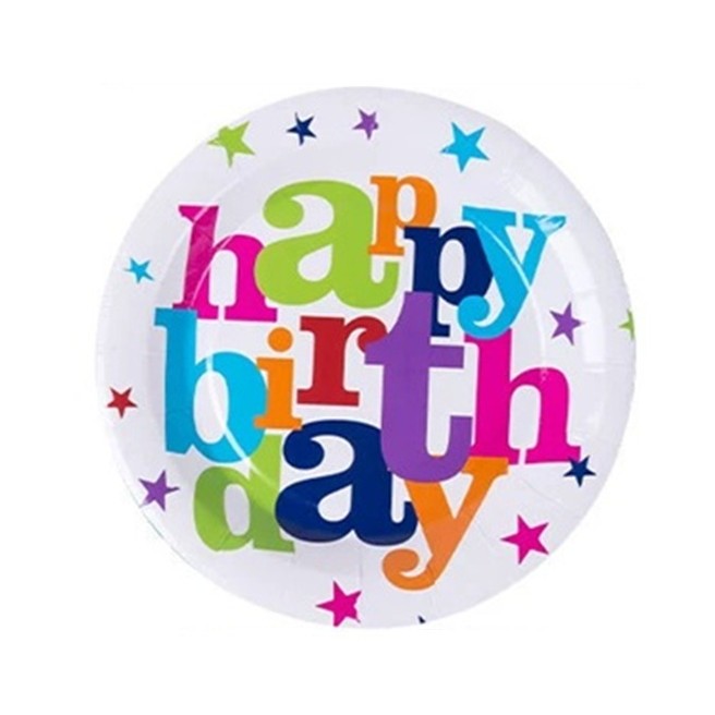 Set 6 Farfurii Unica Folosinta, Flippy, Imprimeu Happy Birthday, din Carton, Diametru 18 cm, Multicolor
