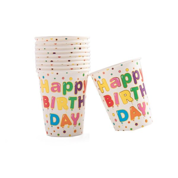 Set 10 Pahare, Flippy, Imprimeu Happy Birthday, din Carton, 250 ml, 7.5 x 8.5 cm, Multicolor