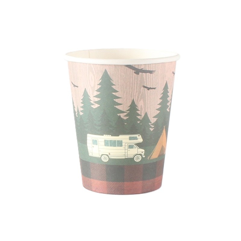 Set 10 Pahare, Flippy, Imprimeu Camping, din Carton, 250 - 300 ml, 7.5 x 8.4 x 5.3 cm, Multicolor