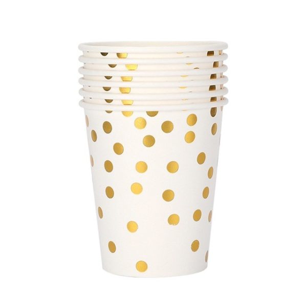 Set 10 Pahare, Flippy, Imprimeu cu Buline, din Carton, 250 ml, 7.5 x 8.5 x 5.2 cm, Auriu