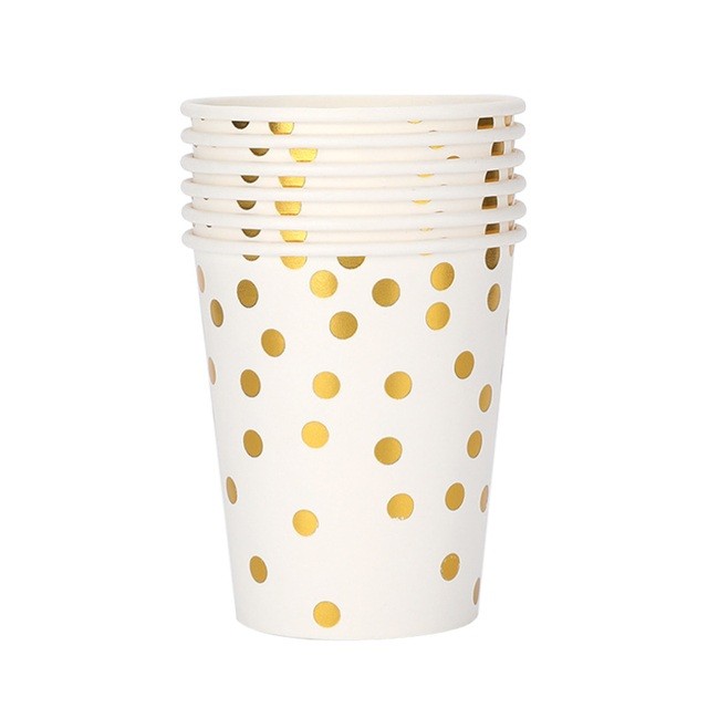 Set 10 Pahare, Flippy, Imprimeu cu Buline, din Carton, 250 ml, 7.5 x 8.5 x 5.2 cm, Auriu