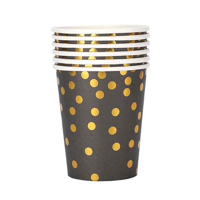 Set 10 Pahare, Flippy, Imprimeu cu Buline, din Carton, 250 ml, 7.5 x 8.5 x 5.2 cm, Negru/Auriu