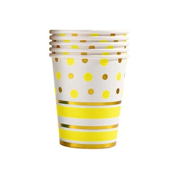 Set 10 Pahare, Flippy, Imprimeu cu Buline si Dungi, din Carton, 250 ml, 7.5 x 8.5 x 5.2 cm, Galben/Auriu