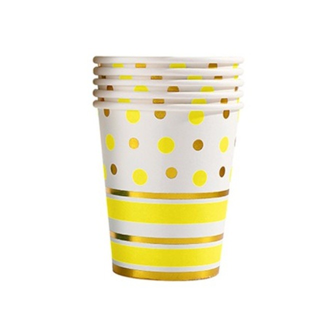 Set 10 Pahare, Flippy, Imprimeu cu Buline si Dungi, din Carton, 250 ml, 7.5 x 8.5 x 5.2 cm, Galben/Auriu