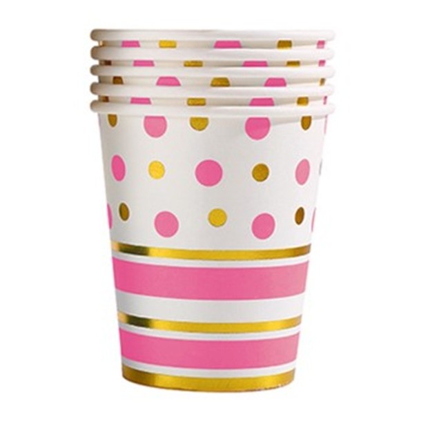 Set 10 Pahare, Flippy, Imprimeu cu Buline si Dungi, din Carton, 250 ml, 7.5 x 8.5 x 5.2 cm, Roz/Auriu