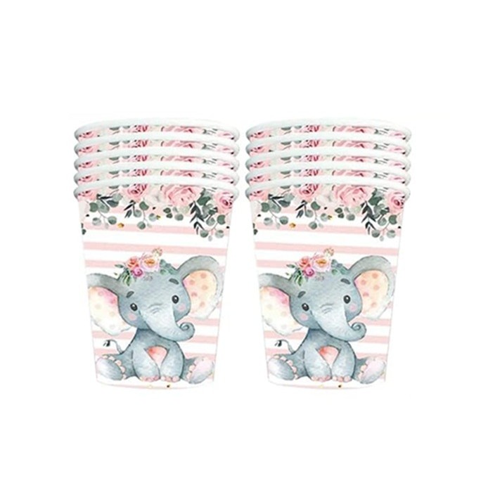 Set 10 Pahare, Flippy, Imprimeu Elefant, din Carton, 7.5 x 8.5 cm, Roz