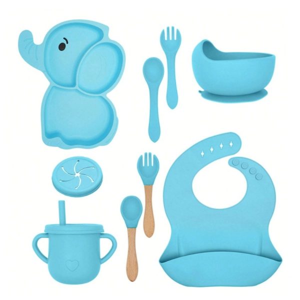 Set 10 Piese Servire Masa. Flippy, pentru Bebelusi si Copii, din Silicon/Lemn, cu Ventuze Anti-alunecare, fara Alergeni. +6 Luni, Model Elefant