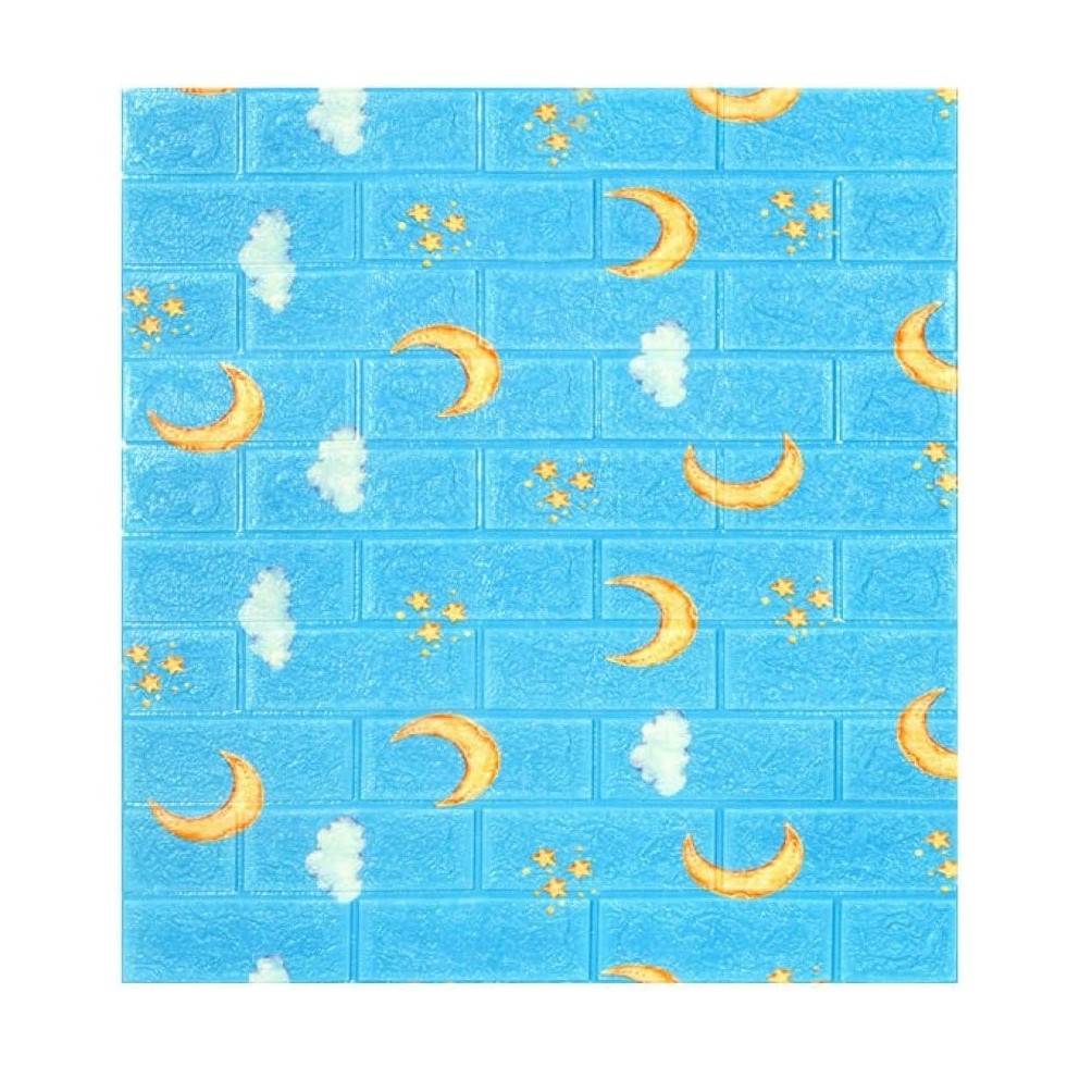 Set 10 Placi Tapet 3D, Flippy, 70 x 77 cm, Grosime 3 mm, din Polietilena, Tip Caramida, Model Luna, Suprafata acoperita 5.3 mp, Albastru