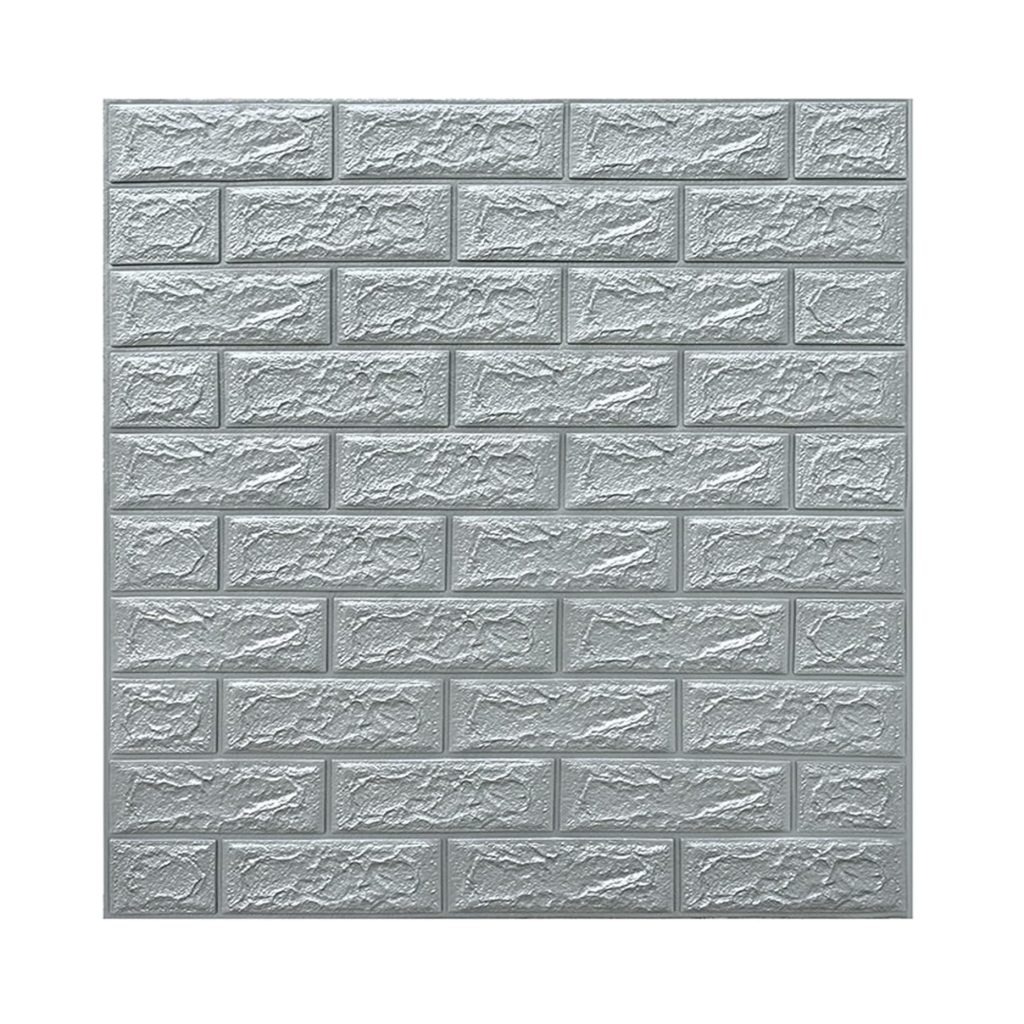 Set 10 Placi Tapet 3D, Flippy, 70 x 77 cm, Grosime 3 mm, din Polietilena, Model Caramida, Suprafata acoperita 5.3 mp, Argintiu