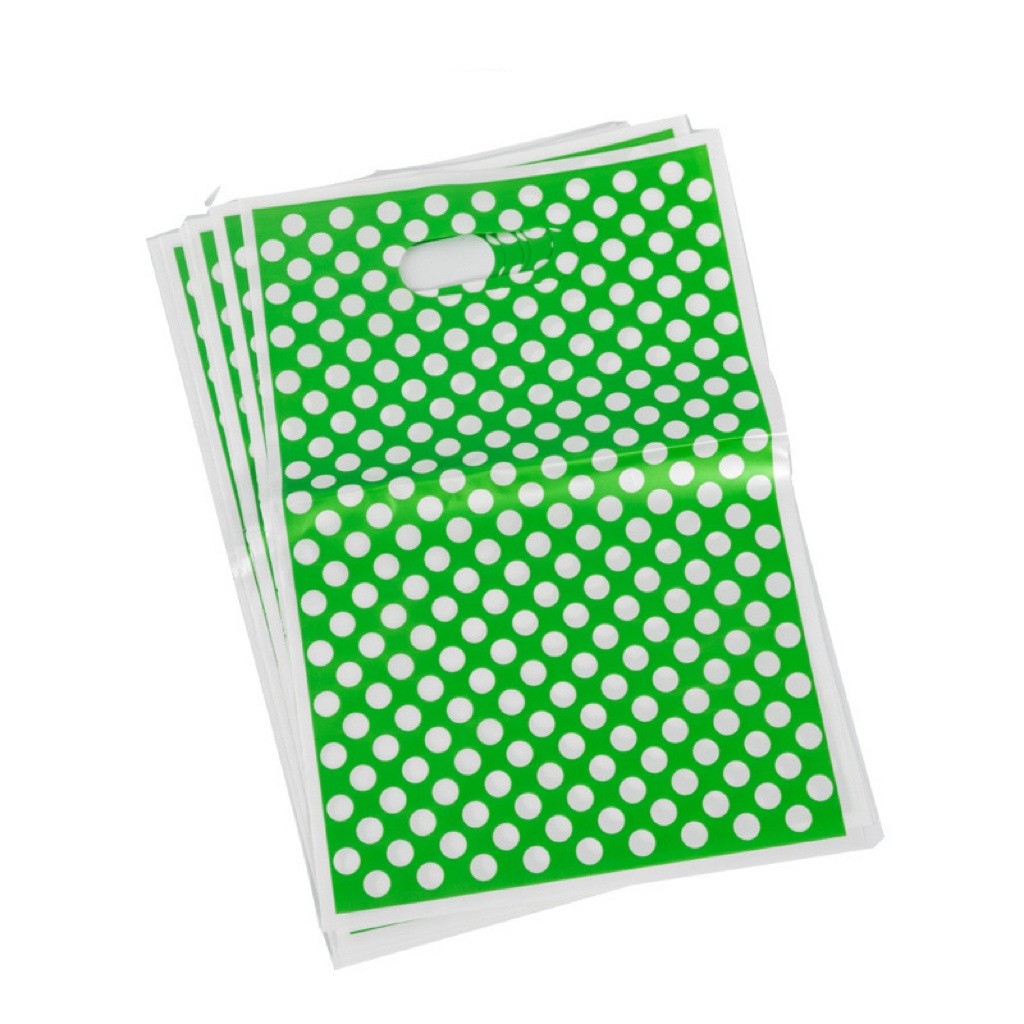 Set 10 Pungi de Cadou, Flippy, Imprimeu Buline , 25 x 17 cm, din PE, Verde/ Alb