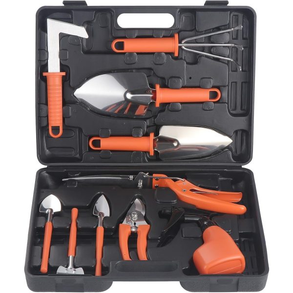Set 10 Unelte de Gradina, Flippy, pentru Plantare Prelucrare Sol si Ingrijire Plante, Manere Portocalii, Material PVC si Otel Inoxidabil, Cutie Inclusa, 37x28x7 cm, Negru