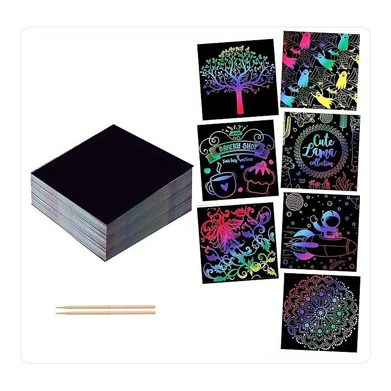 Set 100 de Foi de Hartie de Razuit, Flippy, cu Creion din Bambus, pentru Desen, 8.5 x 8.5, Curcubeu, Negru