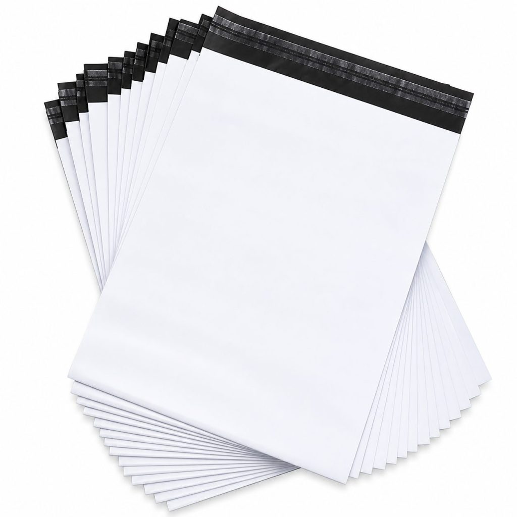 Set 100 Pungi Curierat Autoadezive pentru Ambalare Colete, Rezistente la Transport, Grosime 50 Microni, Alb la Exterior si Negru la Interior, 500 x 700 x 40 mm
