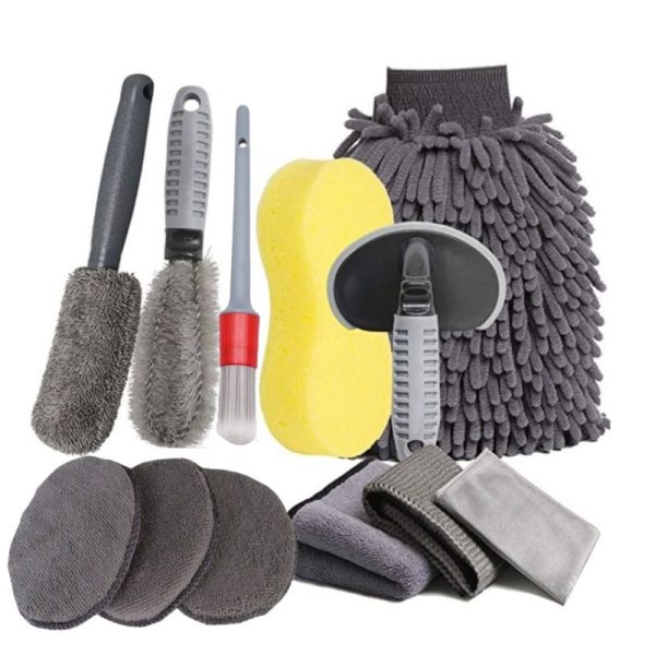 Set 12 Accesorii pentru Curatare Auto, Flippy, Interior si Exterior, Curatare Jante, Cauciucuri, Gri