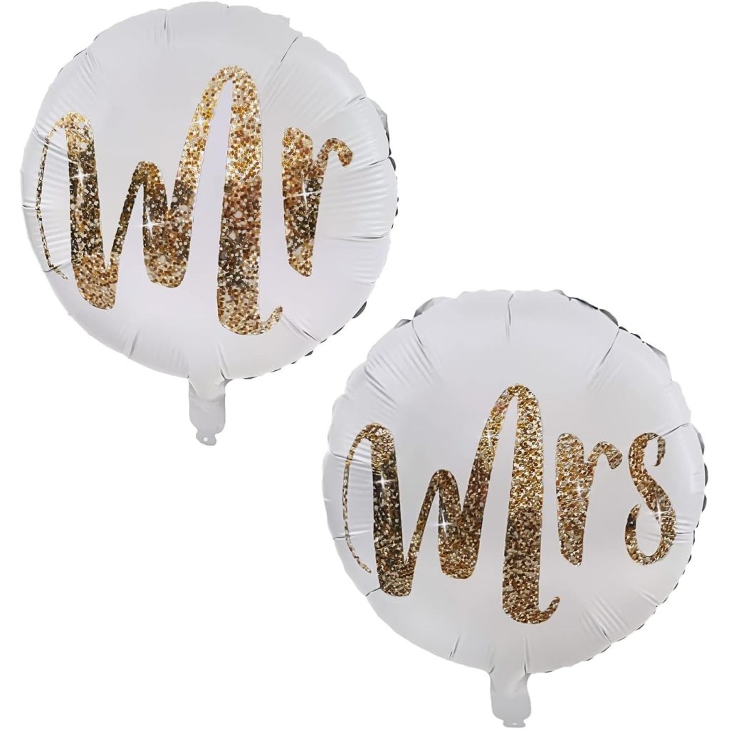 Set 12 Baloane din Folie Metalizata si din Latex, Flippy, Model Mr Mrs, Tema Nunta, Baloane Party cu Confetti, 45 cm, 30 cm, Pai inclus, Umflare cu Aer sau Heliu, Alb/Auriu