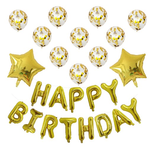 Set 12 Baloane si 1, Set pentru Aniversare, mesaj Happy Birthday, din folie de aluminiu, 30 -45 cm, Cu paiete, latex si folie, Auriu