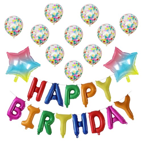 Set 12 Baloane si 1, Set pentru Aniversare, mesaj Happy Birthday, din folie de aluminiu, 30 -45 cm, Cu paiete, latex si folie, Multicolor