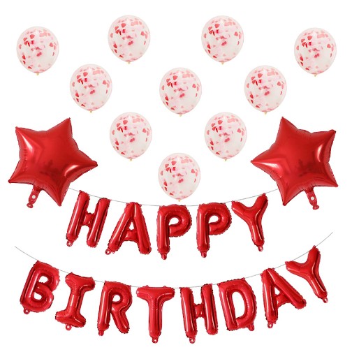 Set 12 Baloane si 1, Set pentru Aniversare, mesaj Happy Birthday, din folie de aluminiu, 30 -45 cm, Cu paiete, latex si folie, Rosu