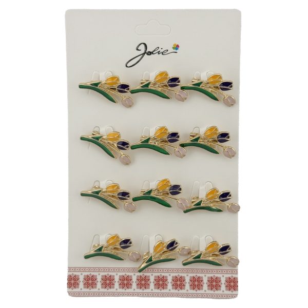 Set 12 Brose Martisor de Primavara cu Buchet de Lalele, Jolie, Brose din Metal, Aspect Lacuit, 2,5 x 1,5 cm per Unitate, Verde