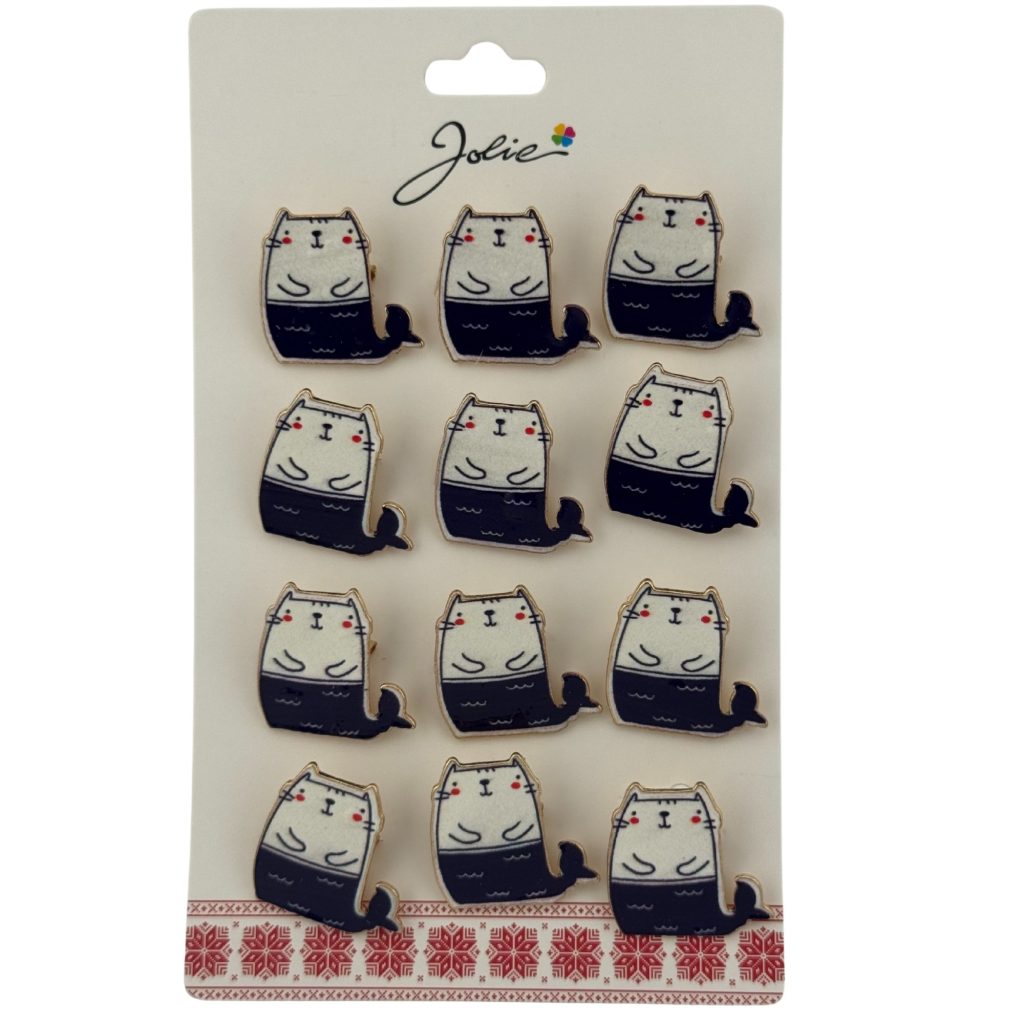 Set 12 Brose Martisor pentru Copii, Jolie, Model Pisica Sirena, Alb Albastru