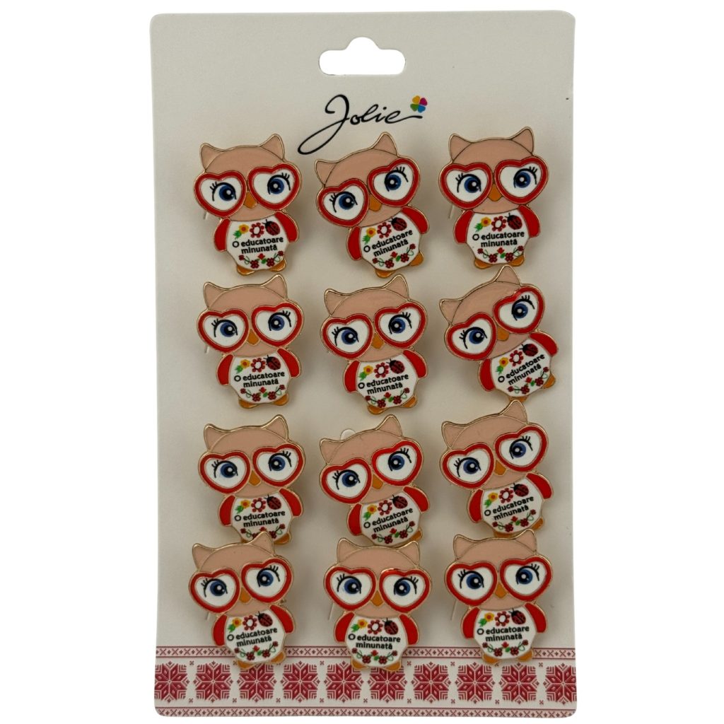 Set 12 Brose Martisor Primavara, Jolie, Model Bufnita ,cu Mesaj O Educatoare Minunata