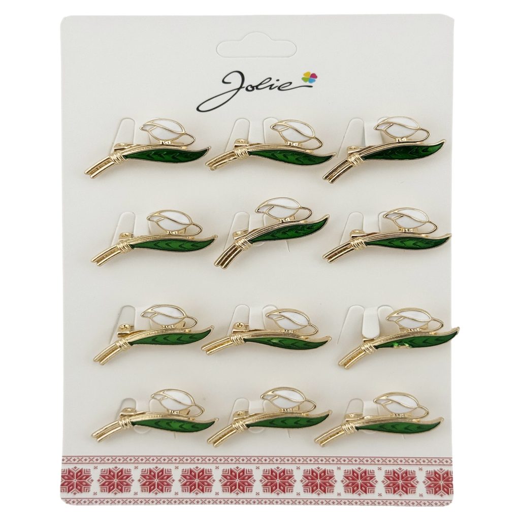 Brose Martisor, Jolie, Set 12 Bucati, Model Primavara Ghiocel, Brose din Metal, Aspect Lacuit, Alb