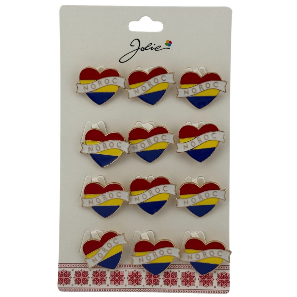 Set 12 Brose Martisor Primavara, Jolie, Model Inima Tricolor, cu Mesaj Noroc