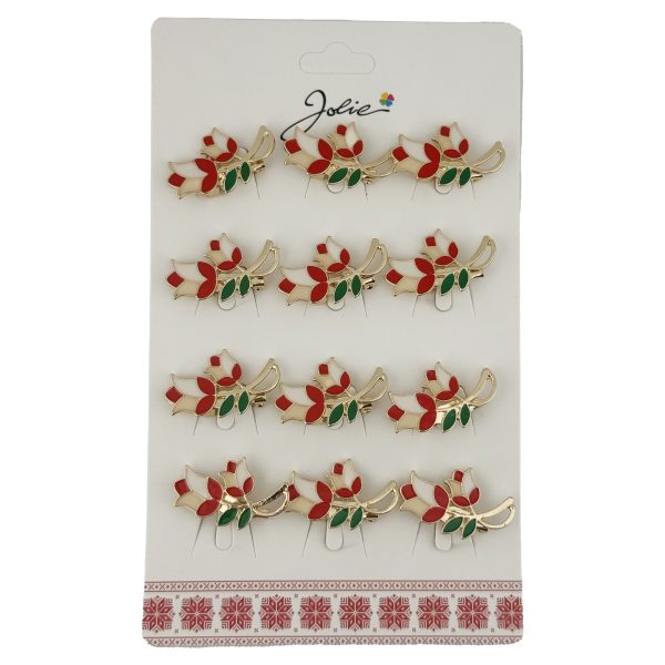 Set 12 Brose Martisor Primavara Lalele cu Motiv Traditional, Jolie, Brose din Metal, Aspect Lacuit, 2,5 x 1,5 cm per Unitate, Rosu
