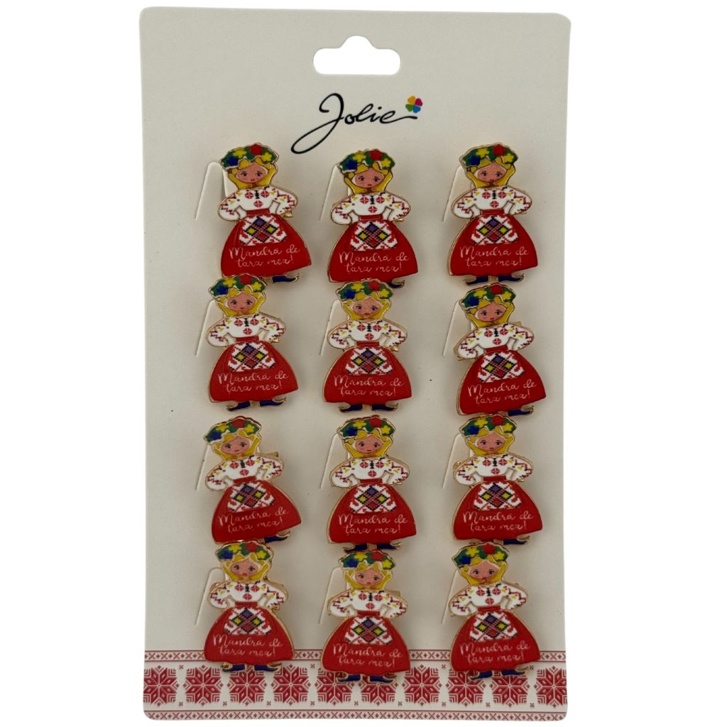 Set 12 Brose Martisor Primavara, Jolie, Model Fata, cu Mesaj Mandra de Tara Mea, Multicolor