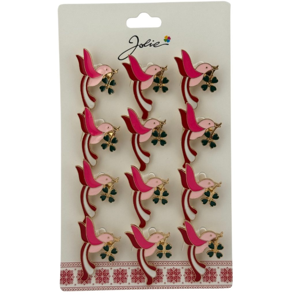 Set 12 Brose Martisor Primavara, Jolie, Model Pasare cu Trifoi in Cioc, Roz