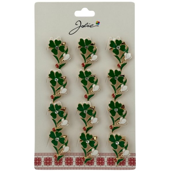 Set 12 Brose Martisor Primavara, Jolie, Model Trifoi cu Piatra in Centru si Buburuza