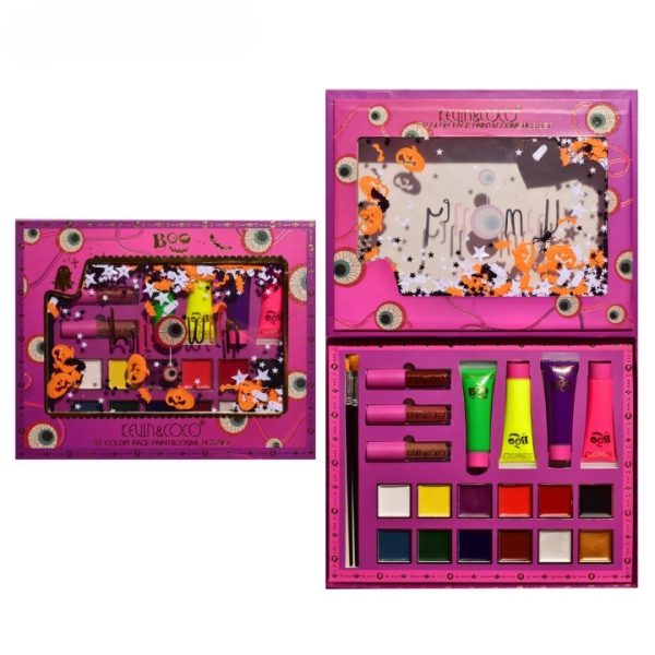 Set Produse pentru Pictura Faciala, Kevin&Coco Halloween Face Painting Kit, 12 Culori pentru Machiaj Artistic, 3 Rujuri si 4 Tuburi de Vopsea, Cu Pensule, Multicolor, 25.5 x 20.5 x 2.6 cm