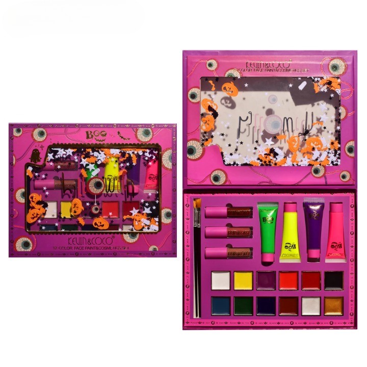 Set Produse pentru Pictura Faciala, Kevin&Coco Halloween Face Painting Kit, 12 Culori pentru Machiaj Artistic, 3 Rujuri si 4 Tuburi de Vopsea, Cu Pensule, Multicolor, 25.5 x 20.5 x 2.6 cm