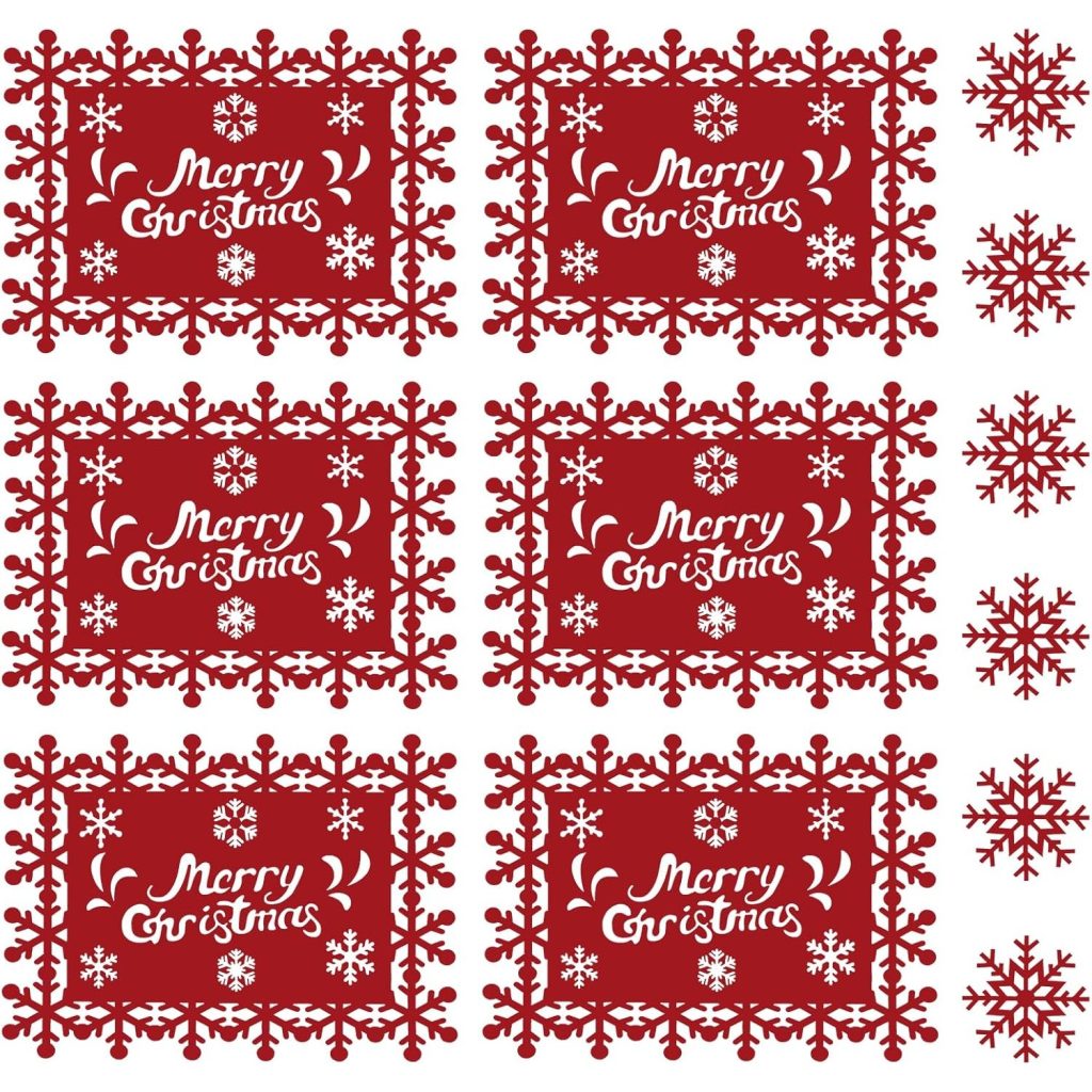 Set 12 Servete pentru Masa si Suporturi de Pahare/Tacamuri, Flippy, Scris Merry Christmas, 6 Servete 25x35 cm, 6 Suporturi de 10x10 cm, Rosu