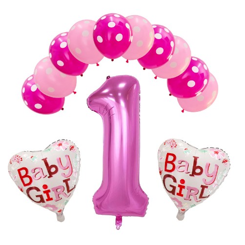 Set 13 baloane, pentru Prima Aniversare, 10 baloane latex, 2 baloane inima folie, cifra 1, Roz