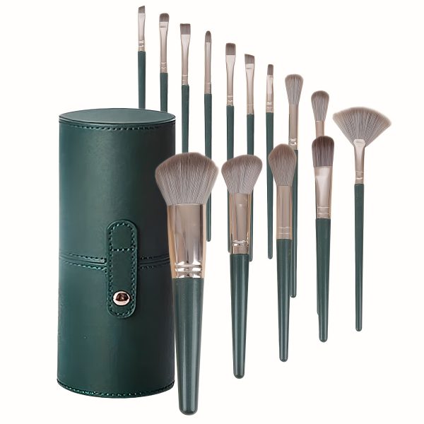 Set 14 Pensule de Machiaj Flippy cu Peri Moi, Husa si Suport pentru Depozitare, Pensule pentru Fata si Ochi, Verde