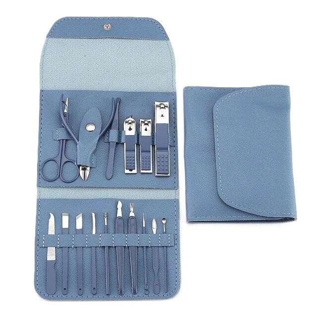 Set 16 Piese de Ingrijire Cosmetica, Flippy, pentru Manichiura, Pedichiura, Fata, Geanta Organizatoare din Piele Ecologica Inclusa, Albastru