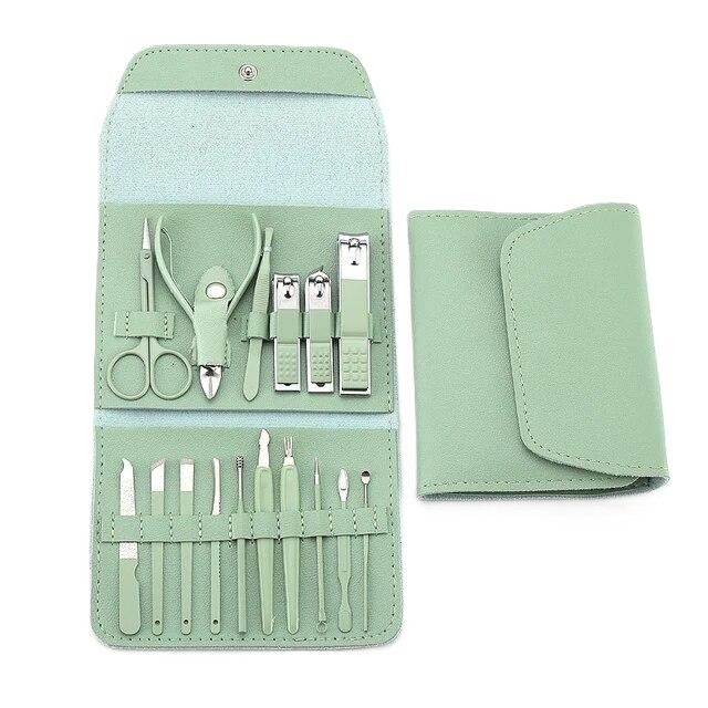 Set 16 Piese de Ingrijire Cosmetica, Flippy, pentru Manichiura, Pedichiura, Fata, Geanta Organizatoare din Piele Ecologica Inclusa, Verde
