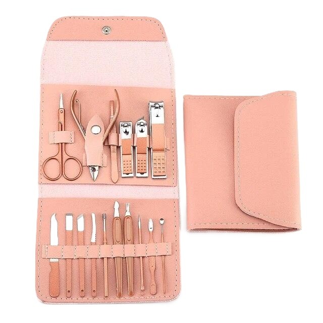 Set 16 Piese de Ingrijire Cosmetica, Flippy, pentru Manichiura, Pedichiura, Fata, Geanta Organizatoare din Piele Ecologica Inclusa, Roz