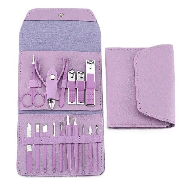 Set 16 Piese de Ingrijire Cosmetica, Flippy, pentru Manichiura, Pedichiura, Fata, Geanta Organizatoare din Piele Ecologica Inclusa, Mov