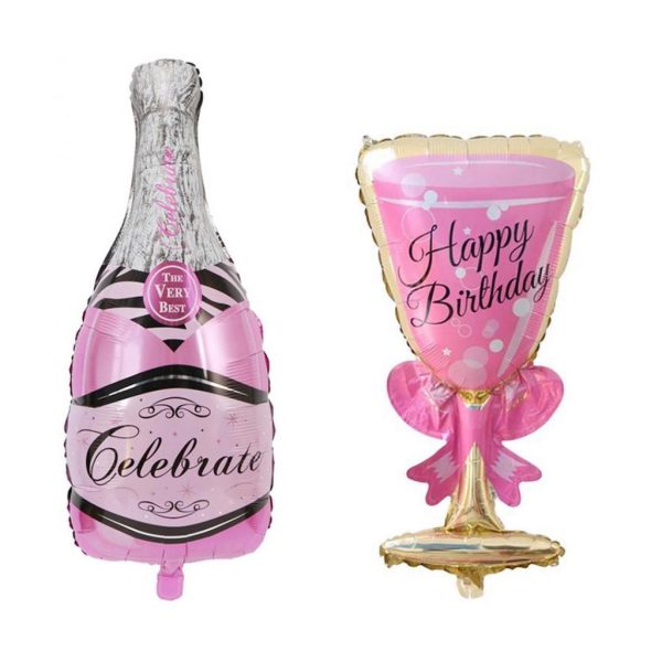 Set 2 Baloane din Folie Metalizata, Flippy, tematica Aniversare HAPPY BIRTHDAY, Figurine Model Sticla de Sampanie 50 x 108 cm si Pahar 48 x 93 cm, Roz